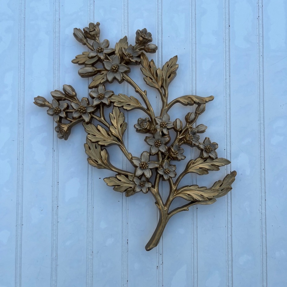 Vintage Syroco Gold Dogwood Floral Wall Hanging Art MCM 7036 Hollywood Regency